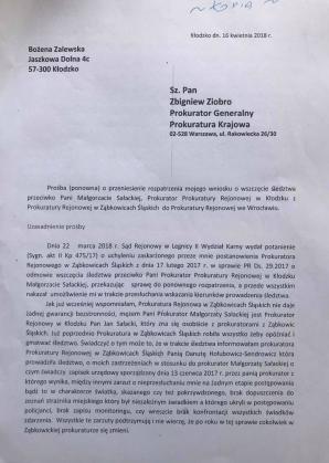 [VIDEO] Kolejne zwycięstwo Bożeny Zalewskiej w walce o ściganie prokurator Małgorzaty Sałackiej - żony Prokuratora Rejonowego w Kłodzku! Po interwencji i Zbigniewa Ziobry, umorzona sprawa będzie od nowa rozpatrywana poza Okręgiem Świdnickim!