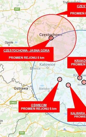 Zakaz lotu nad Krakowem, Częstochową, Kalwarią, Oświęcimiem...